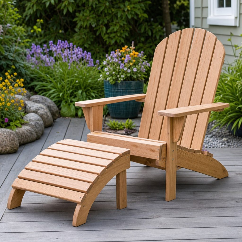 Wooden Adirondack chair with a separate low slatted footrest on a level deck