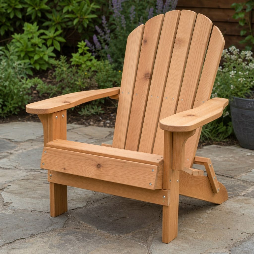 Close view of smooth Adirondack chair slats, rounded arm edges, exterior screws, and sealed end grain