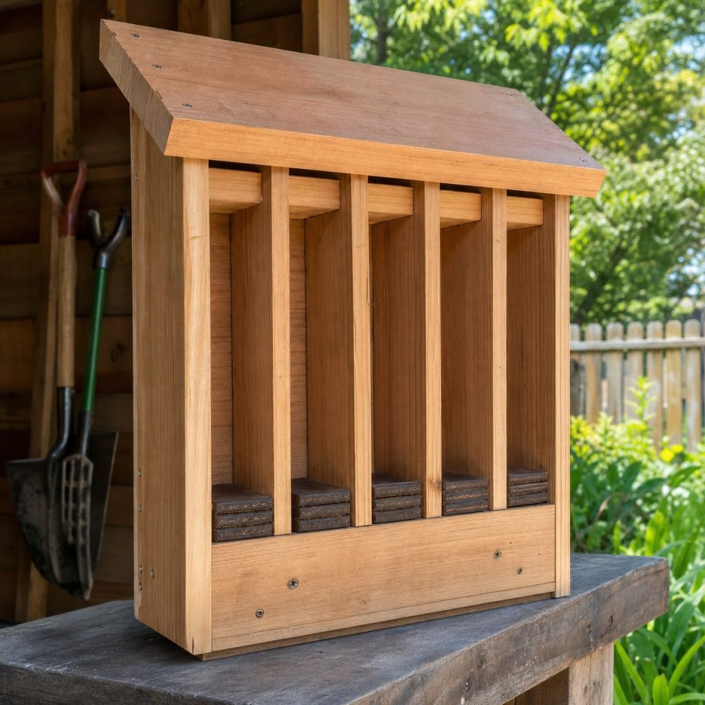 Large wooden bat house cutaway showing several narrow roost chambers and spacers