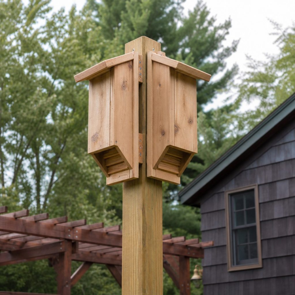 Pair of wooden bat houses mounted back-to-back high on a sturdy pole