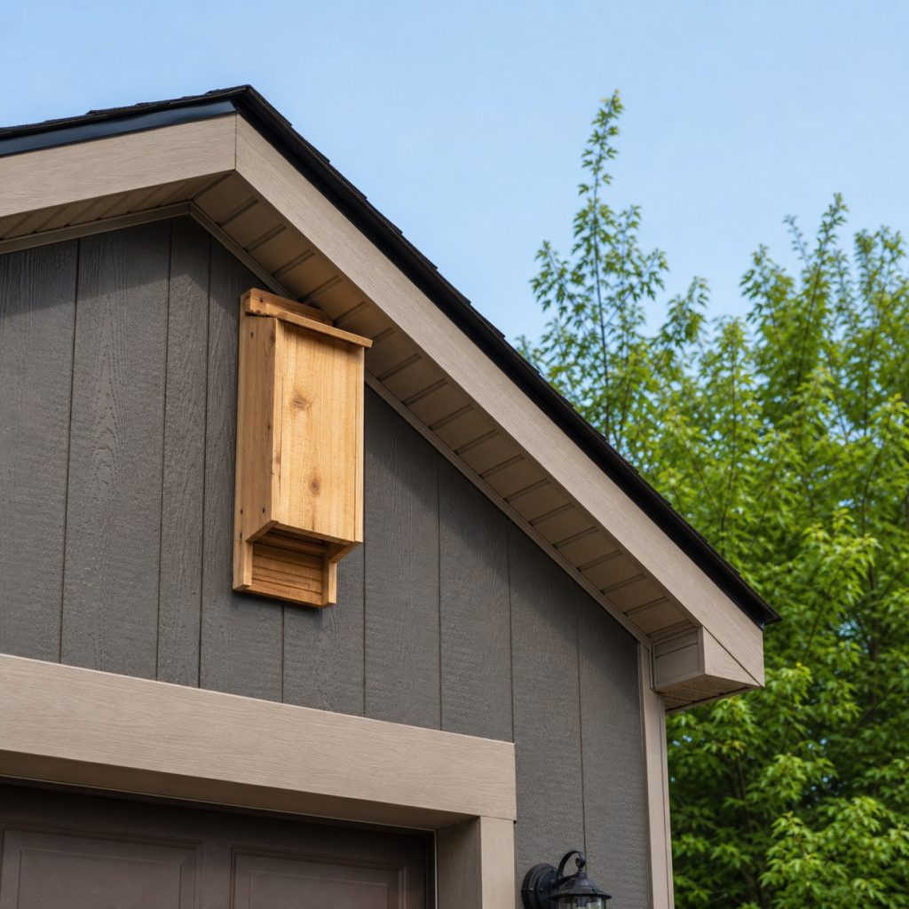 Wooden bat house mounted high beneath house gable with open flight approach