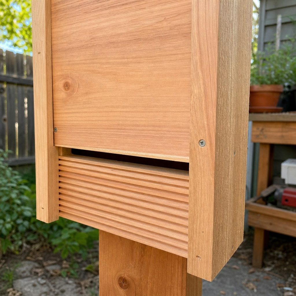 Close view of bat house landing pad grooves and narrow protected chamber entry