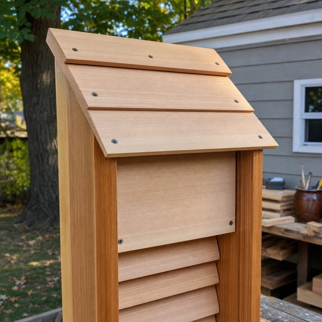 Bat house roof under assembly with exterior sealant screws and overlapping cap