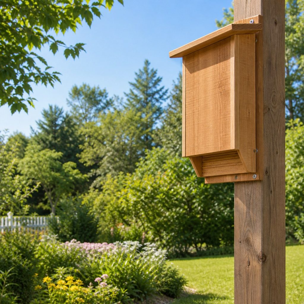 Bat house mounted high at sunny edge of open garden with clear flight path