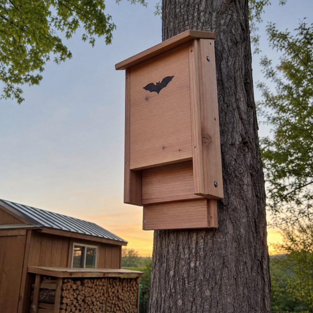 Occupied bat house observed from ground at dusk with clear area below
