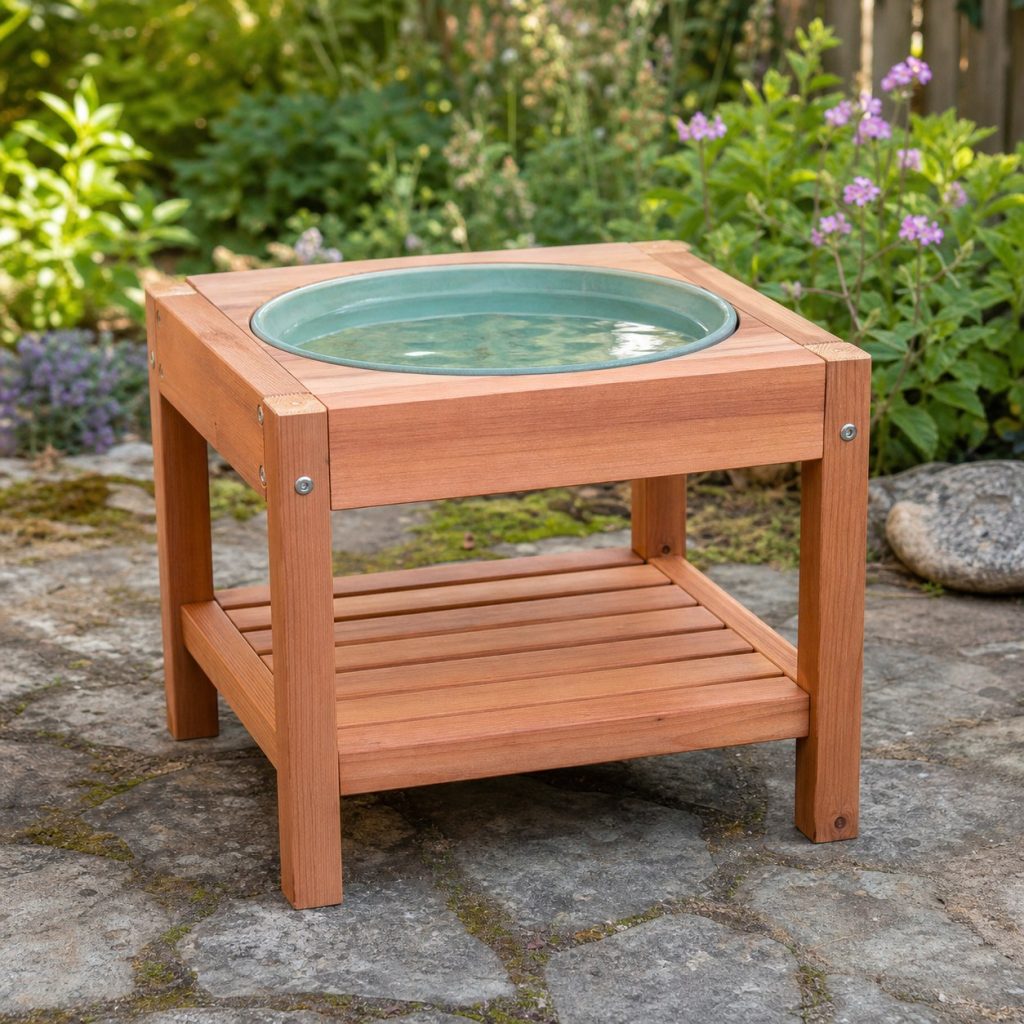 Low cedar four-leg bird bath table with removable shallow ceramic basin