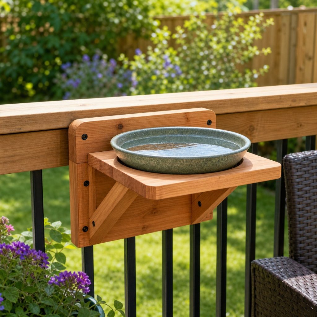 Small bird bath shelf with removable basin mounted to sturdy deck rail