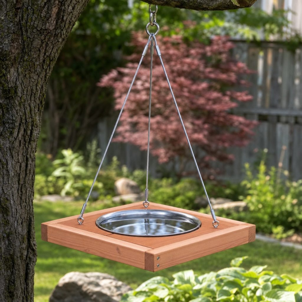Small hanging cedar bird bath platform with centered removable basin and three cables