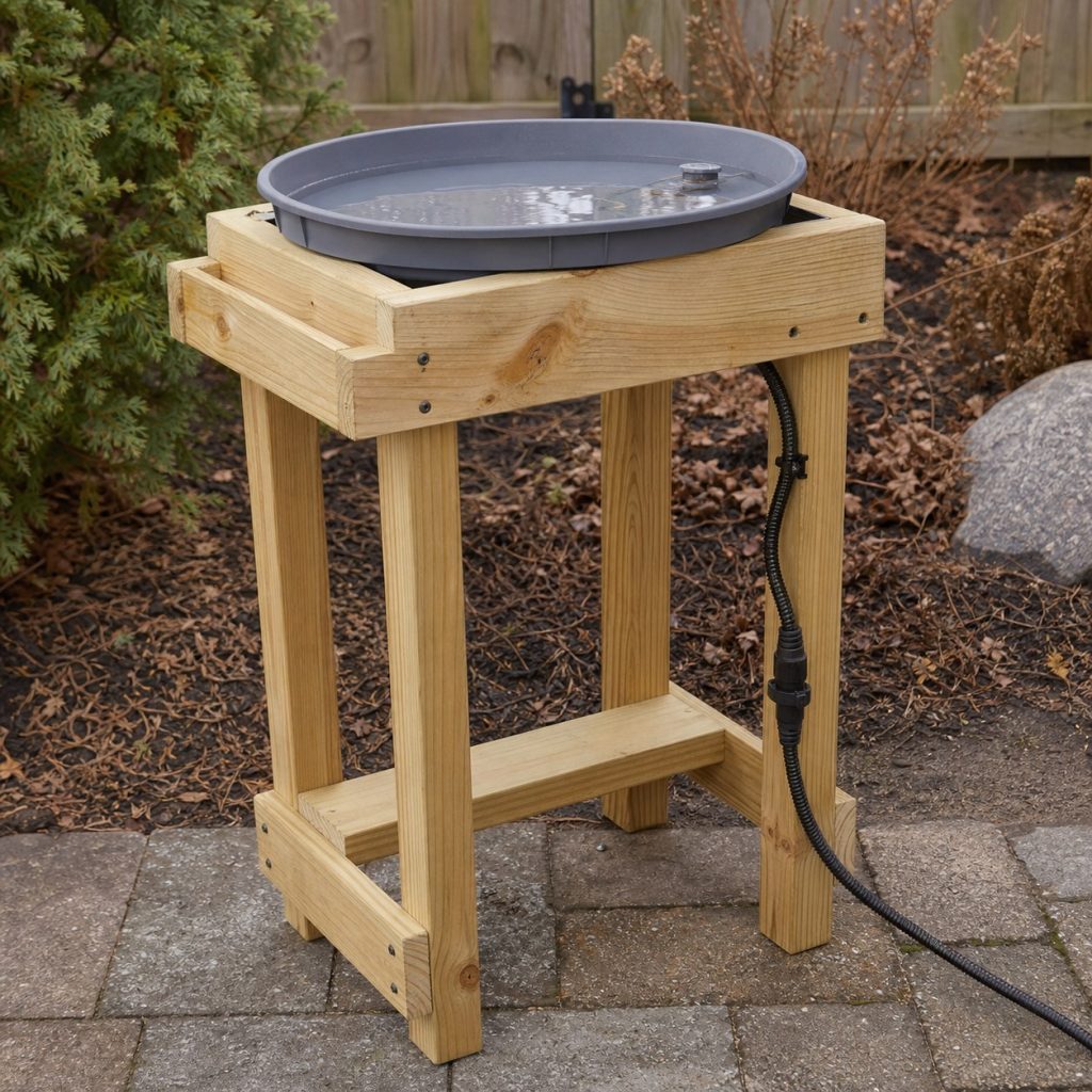Wooden bird bath stand holding listed heated removable basin with protected outdoor cord