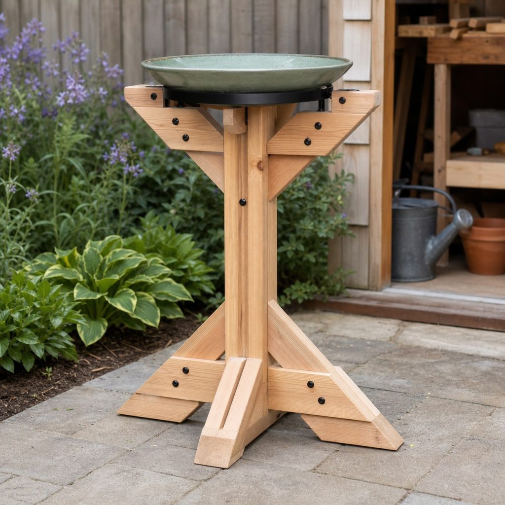 Bird bath stand under assembly with wide feet braces basin ring and exterior fasteners