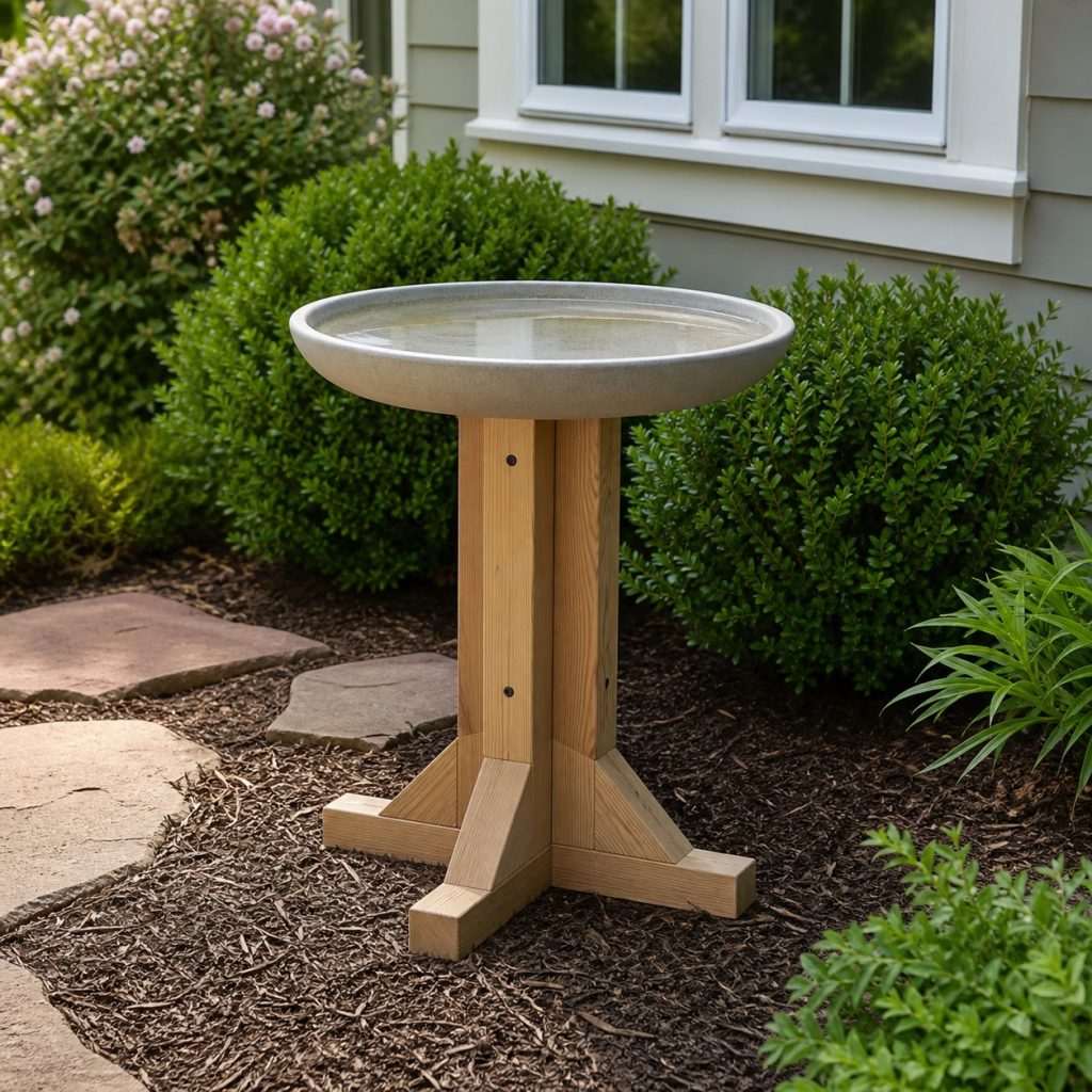 Shallow bird bath in open garden with nearby shrubs visible treated window and clean ground