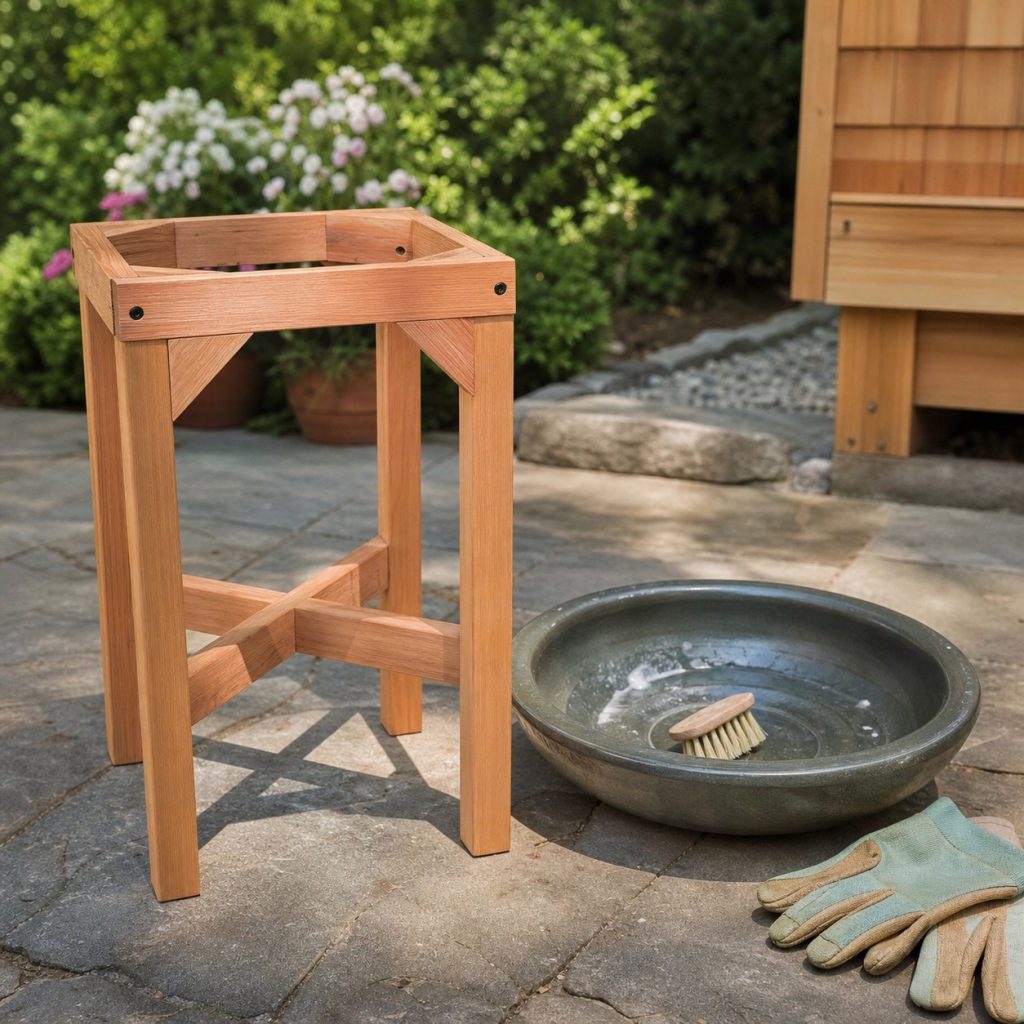 Removable bird bath basin being cleaned outdoors beside empty wooden stand with gloves