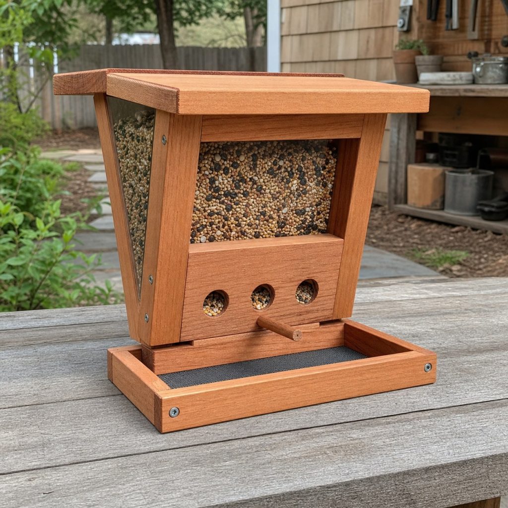 Compact wooden hopper bird feeder with clear seed windows and removable base