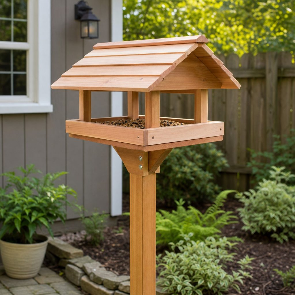 Wooden bird feeder secured to smooth post above a clean garden area