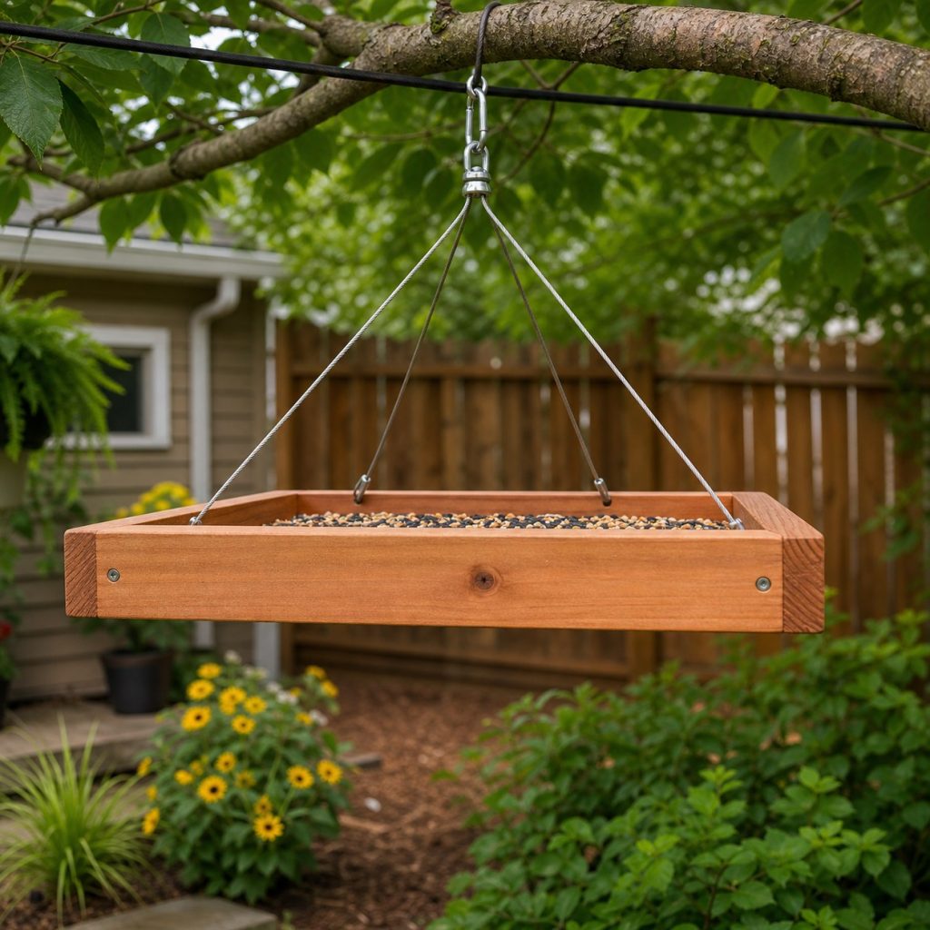 Lightweight cedar bird feeder hanging level from secure cable beneath open branch