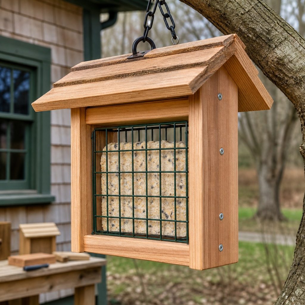 Wooden suet feeder frame holding a removable manufactured wire cage beneath roof