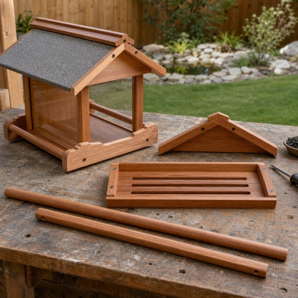 Bird feeder parts showing removable seed tray drain slots roof and smooth rails