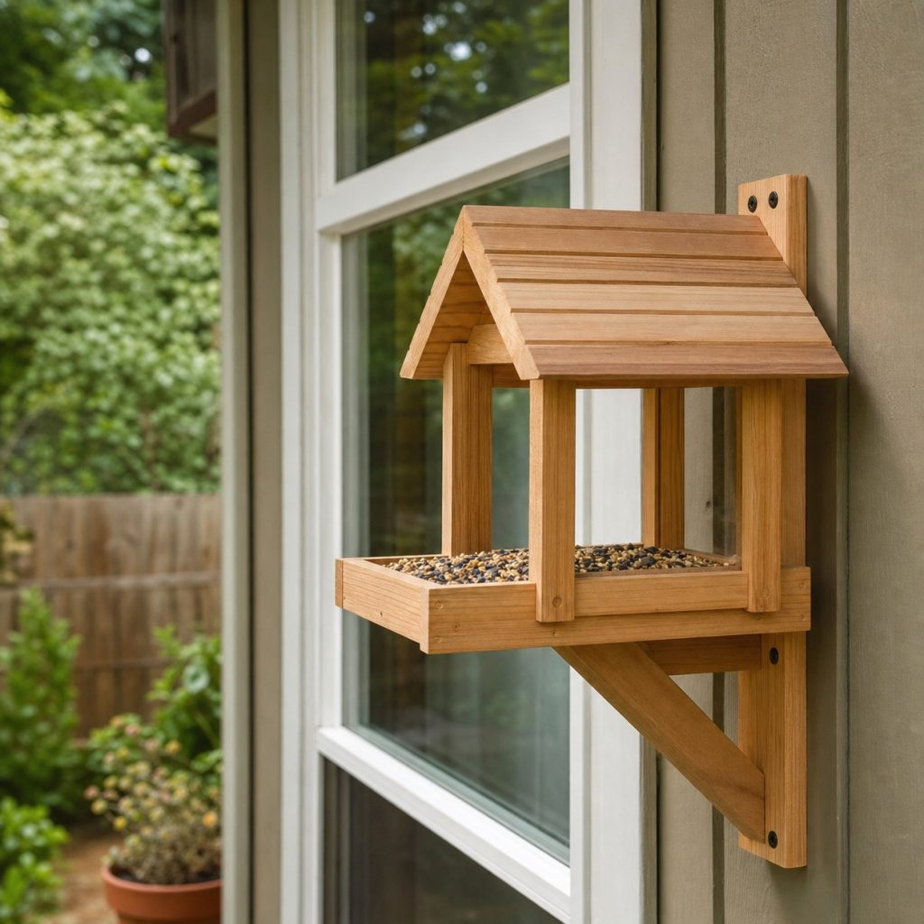 Garden bird feeder placed near visible treated window with open escape space
