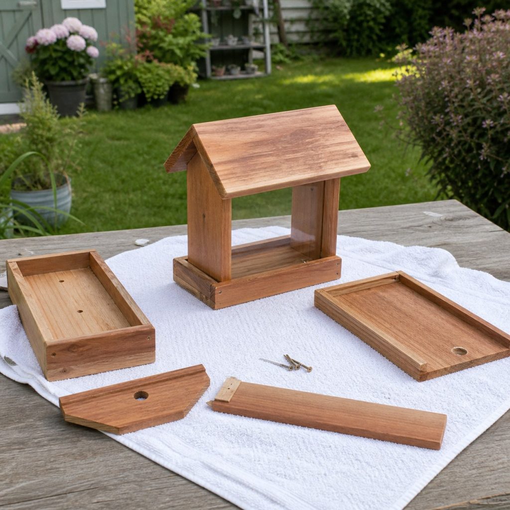Disassembled wooden bird feeder drying after cleaning with old seed removed