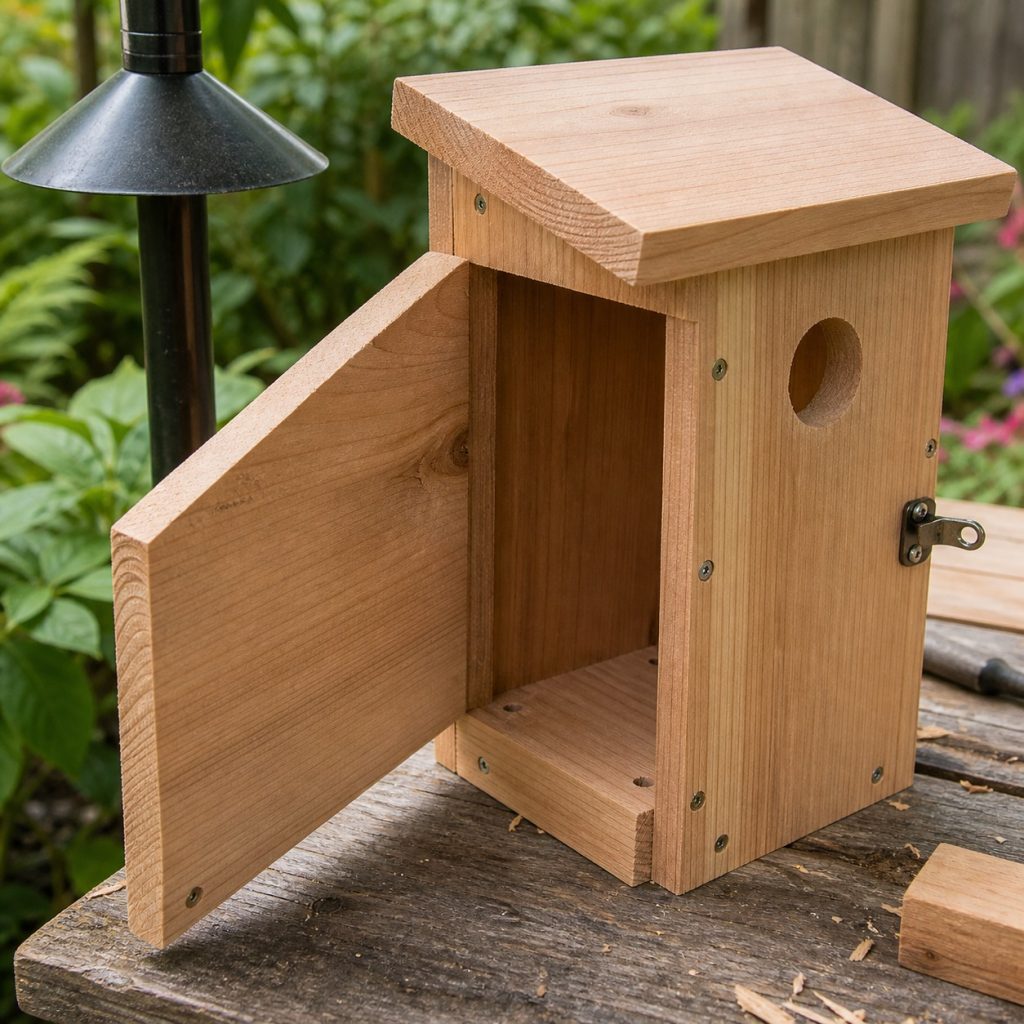 Cedar birdhouse with side panel pivoted open for seasonal cleaning