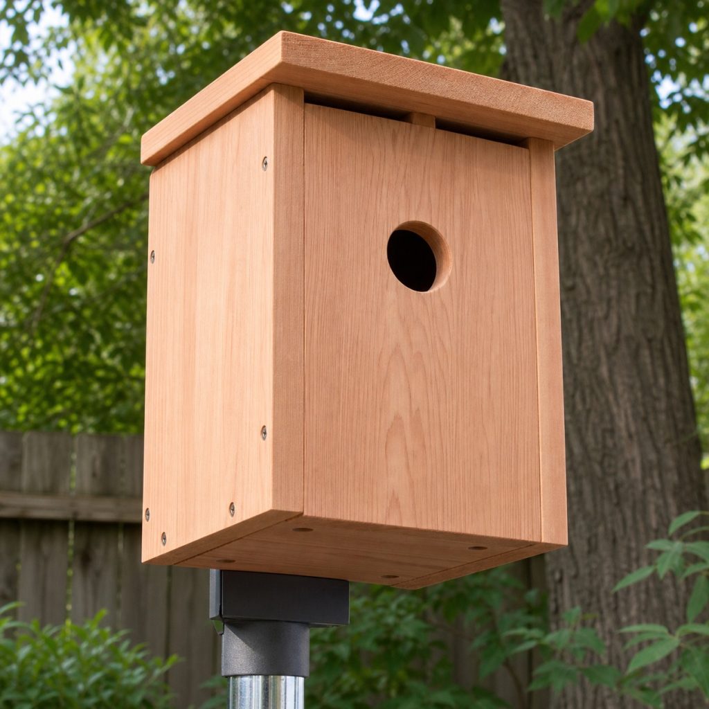 Close view of birdhouse ventilation gap and floor drainage openings