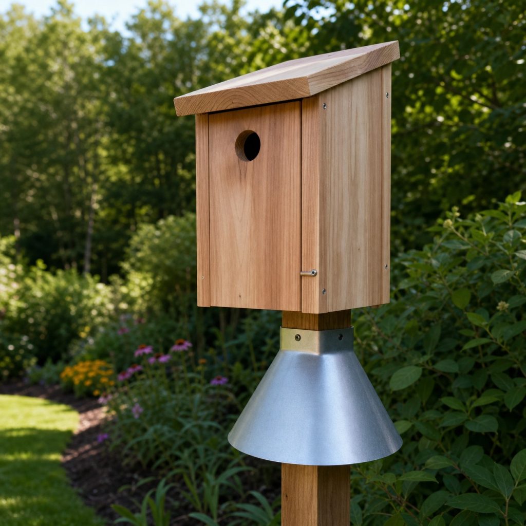 Natural cedar birdhouse mounted on a metal pole with predator baffle