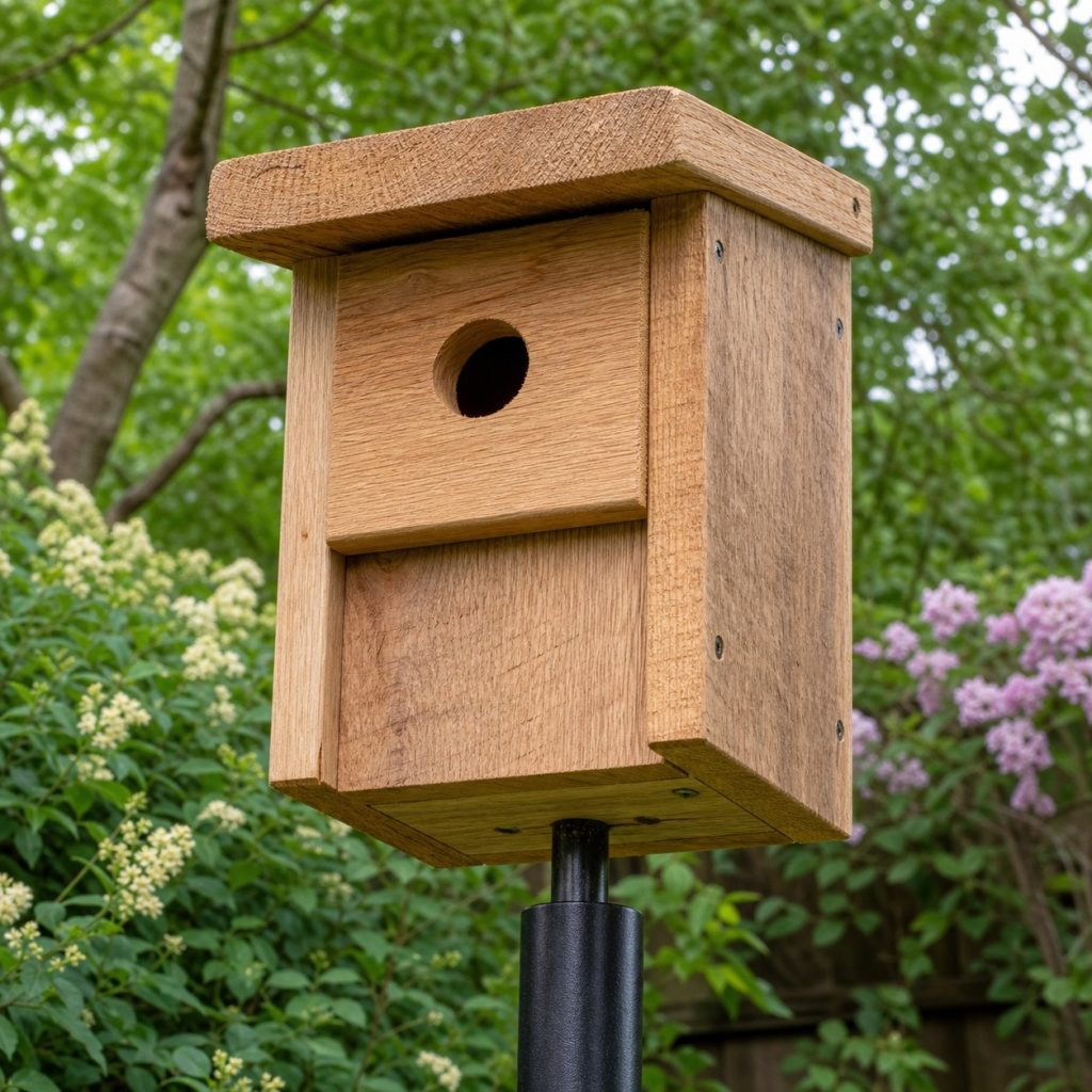 Rough-sawn cedar birdhouse with thick entrance block and no perch