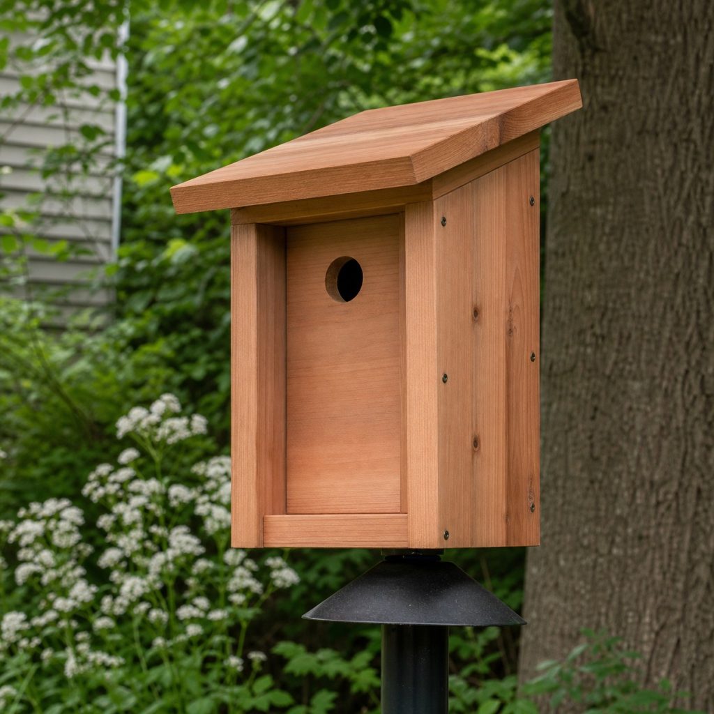 Modern cedar birdhouse with single-pitch overhanging roof