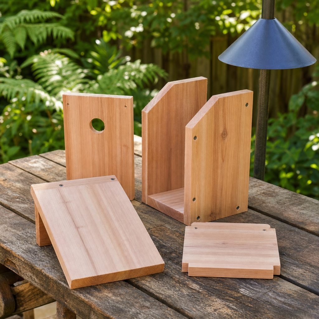 Cedar birdhouse panels dry-fitted on an outdoor workbench