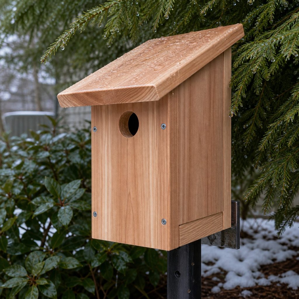 Completed cedar birdhouse after rain with sound roof and mounting