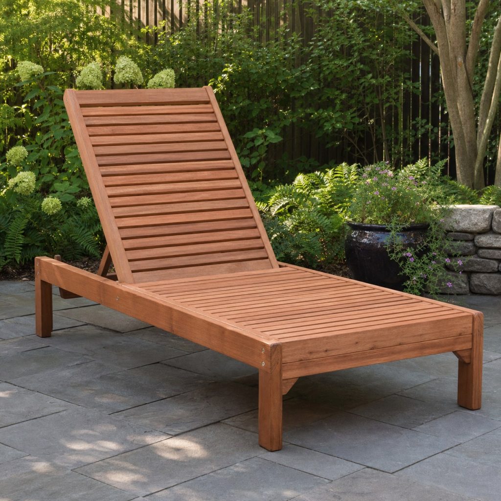 Fixed-recline cedar chaise lounge in a quiet garden corner