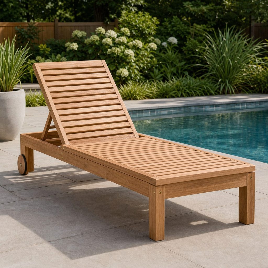 Wooden slatted chaise lounge with two recessed rear wheels on a dry pool deck