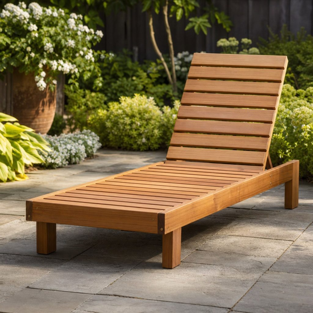 Narrow armless wooden chaise lounge for a small garden patio