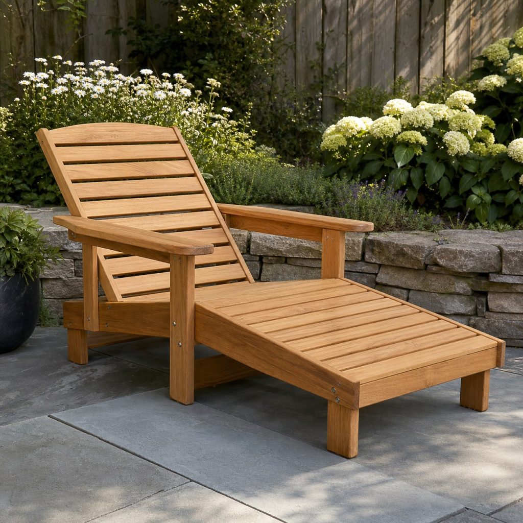 Wooden outdoor chaise lounge with broad arms and adjustable slatted back
