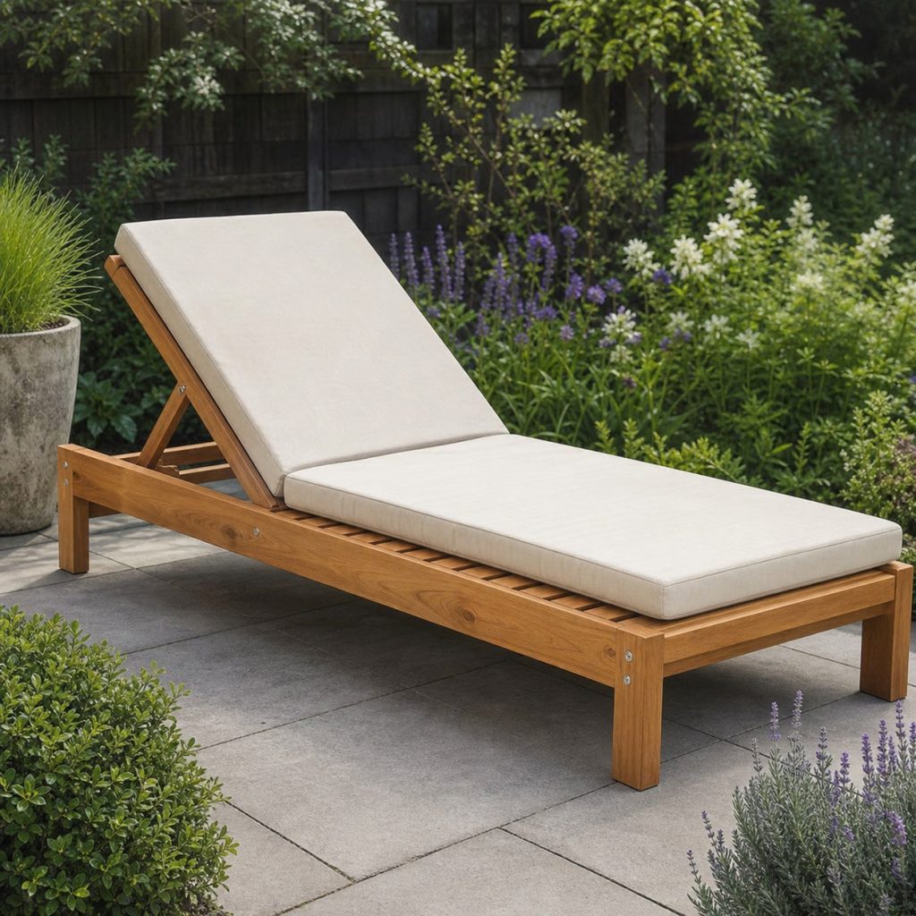 Outdoor wooden chaise lounge with evenly spaced slats and removable plain cushion