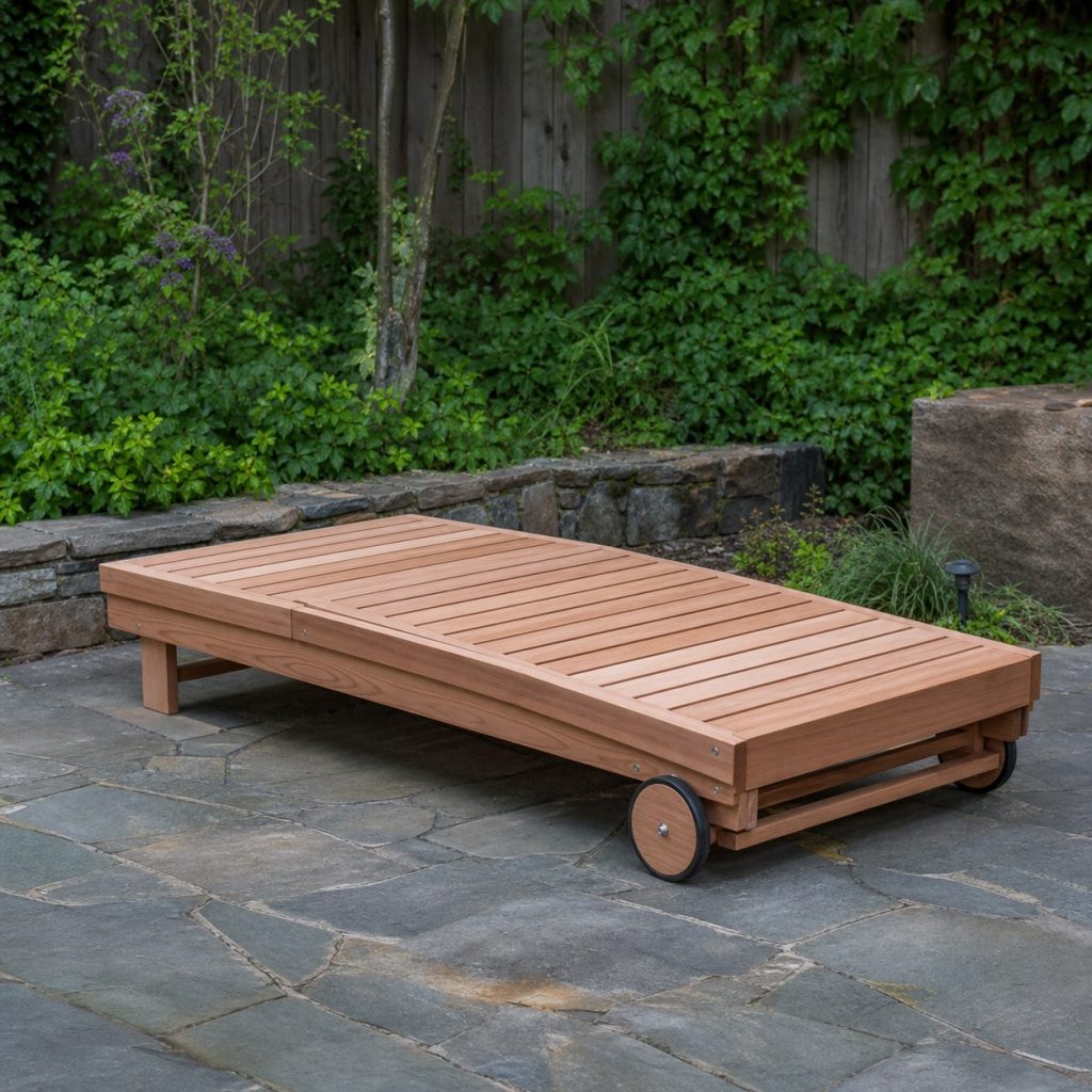 Wooden chaise lounge with back folded flat for covered seasonal storage