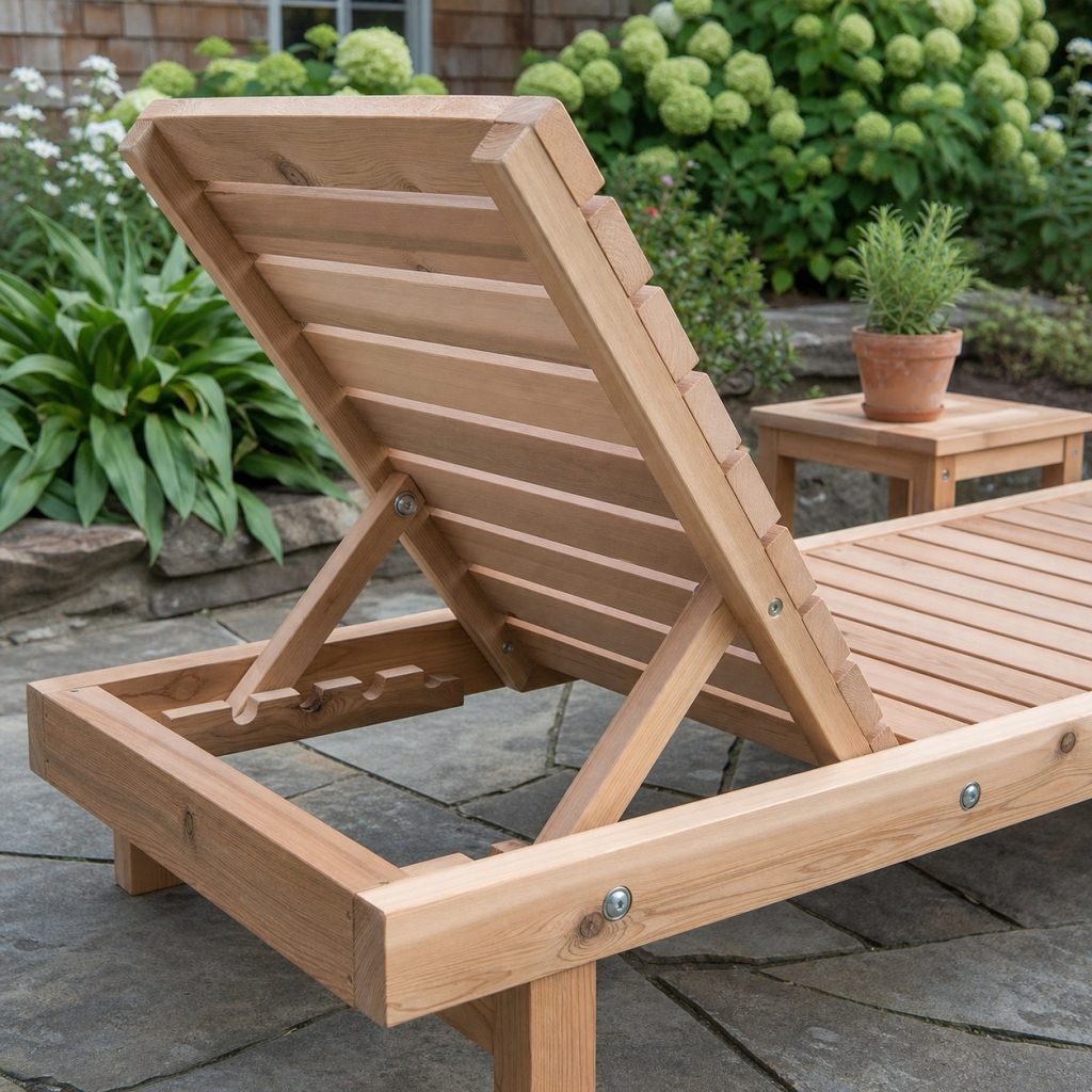Close view of wooden chaise backrest pivot bolts, support notches, slat gaps, and sealed end grain