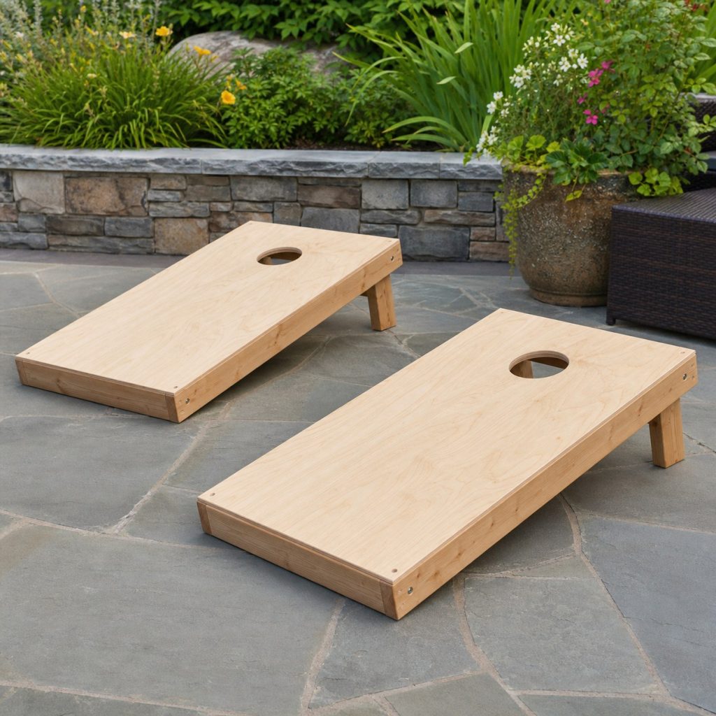 Two clean wooden cornhole boards with smooth plywood decks and sturdy perimeter frames
