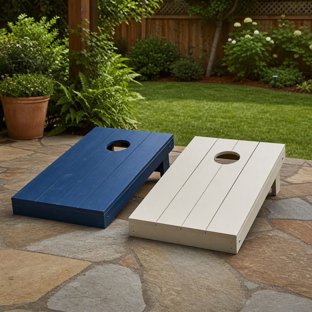 Pair of painted wooden cornhole boards in two simple solid colors with no text or logos