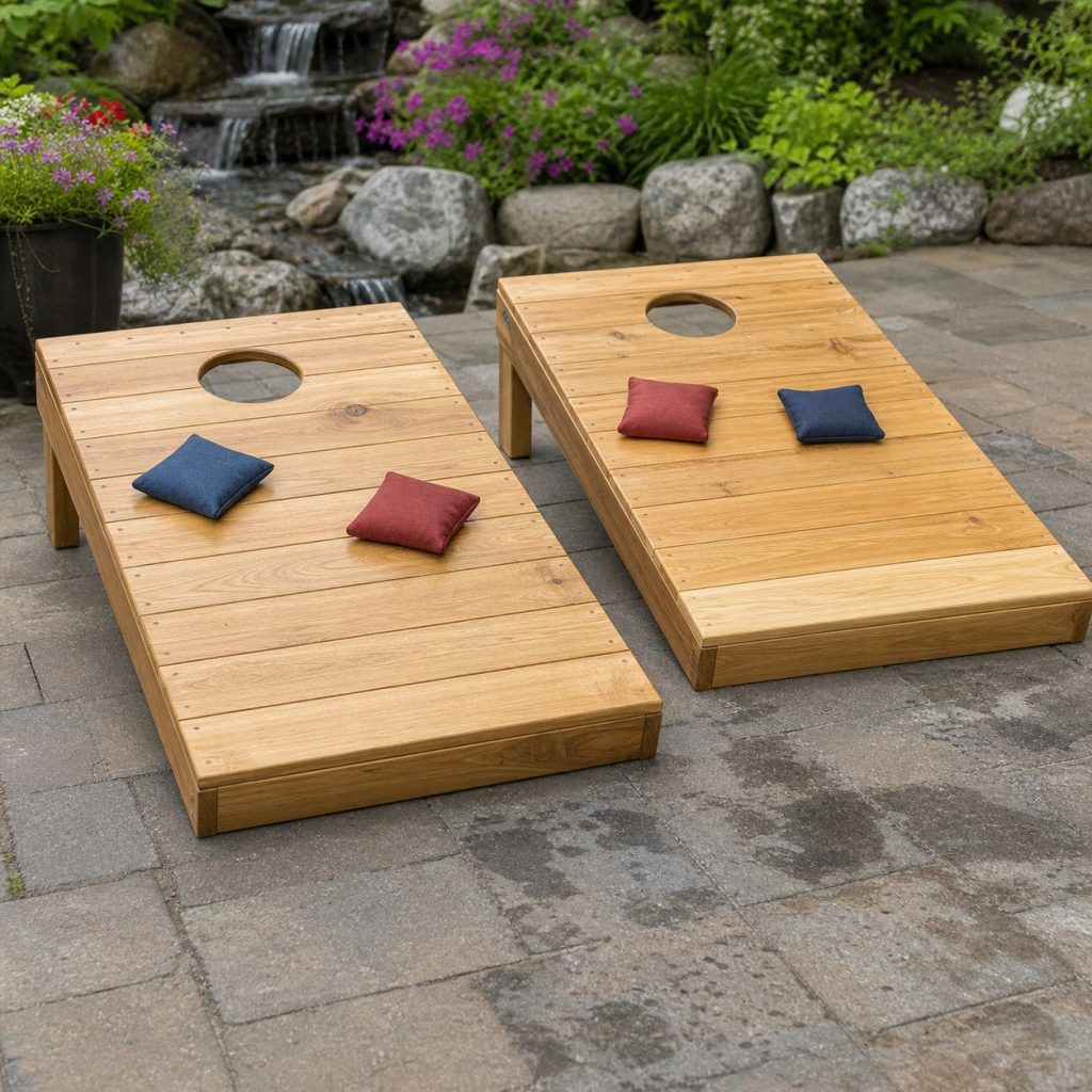 Natural wood cornhole boards with clear exterior finish and visible grain