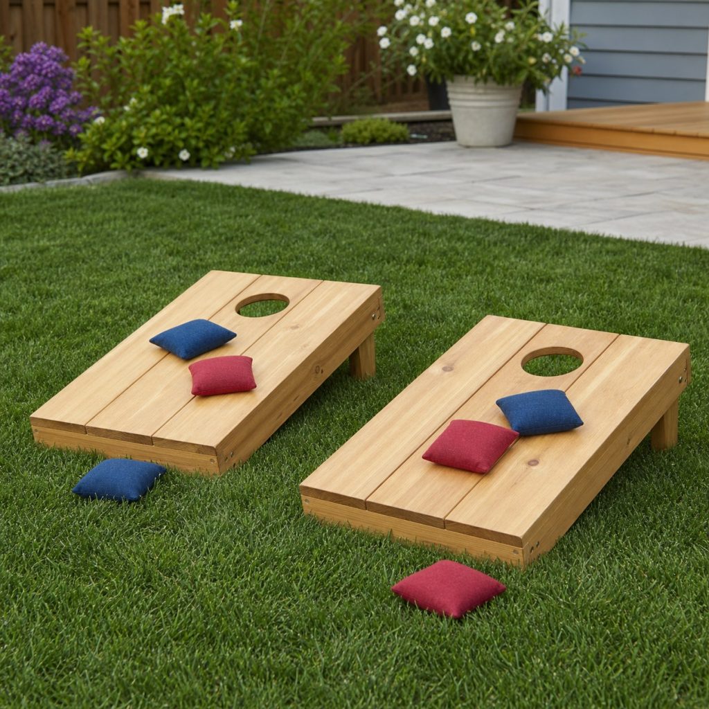 Smaller recreational wooden beanbag toss boards clearly separated on a backyard lawn