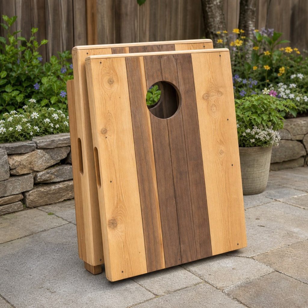 Matching wooden cornhole boards nested for storage with smooth side carry handles