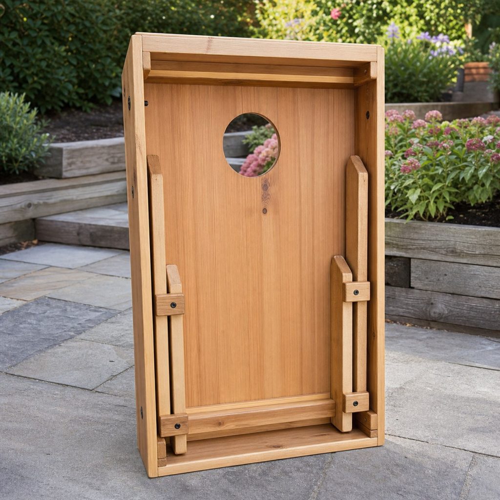 Underside of wooden cornhole board with folded legs held by positive wooden storage clips