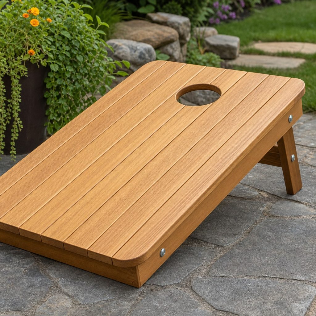 Close view of smooth cornhole board opening, rounded top corners, rigid frame, bolts, and even finish