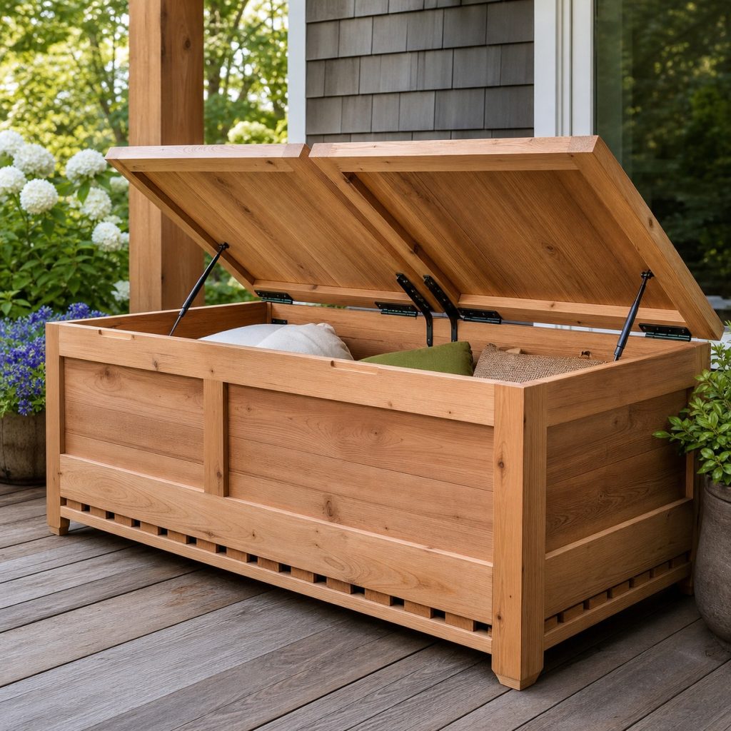 Wide wooden deck box with two lightweight lids and dry interior