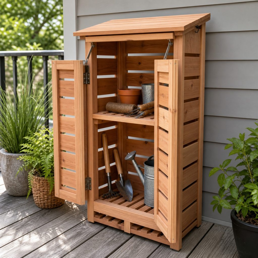 Narrow upright cedar deck box with doors shelf roof and wall anchor