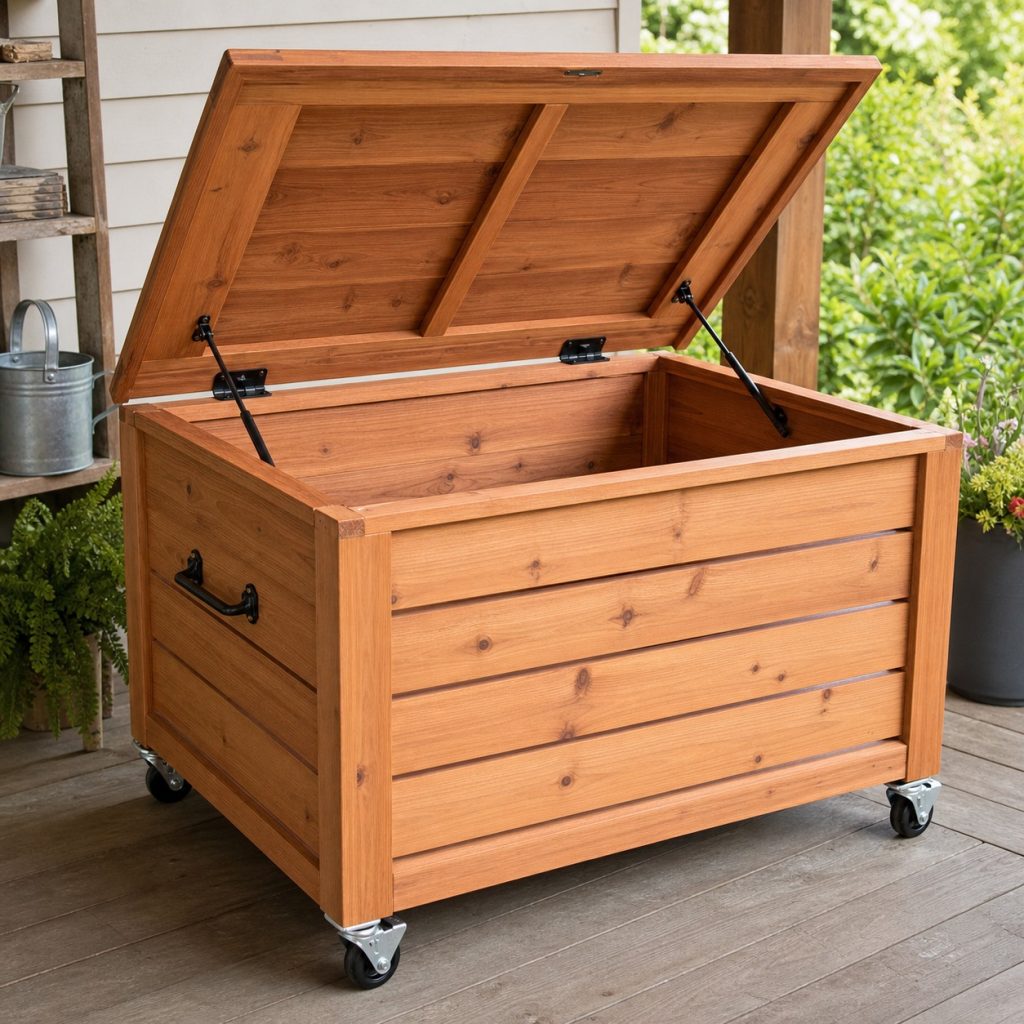 Mobile cedar deck box with reinforced locking casters and lift lid