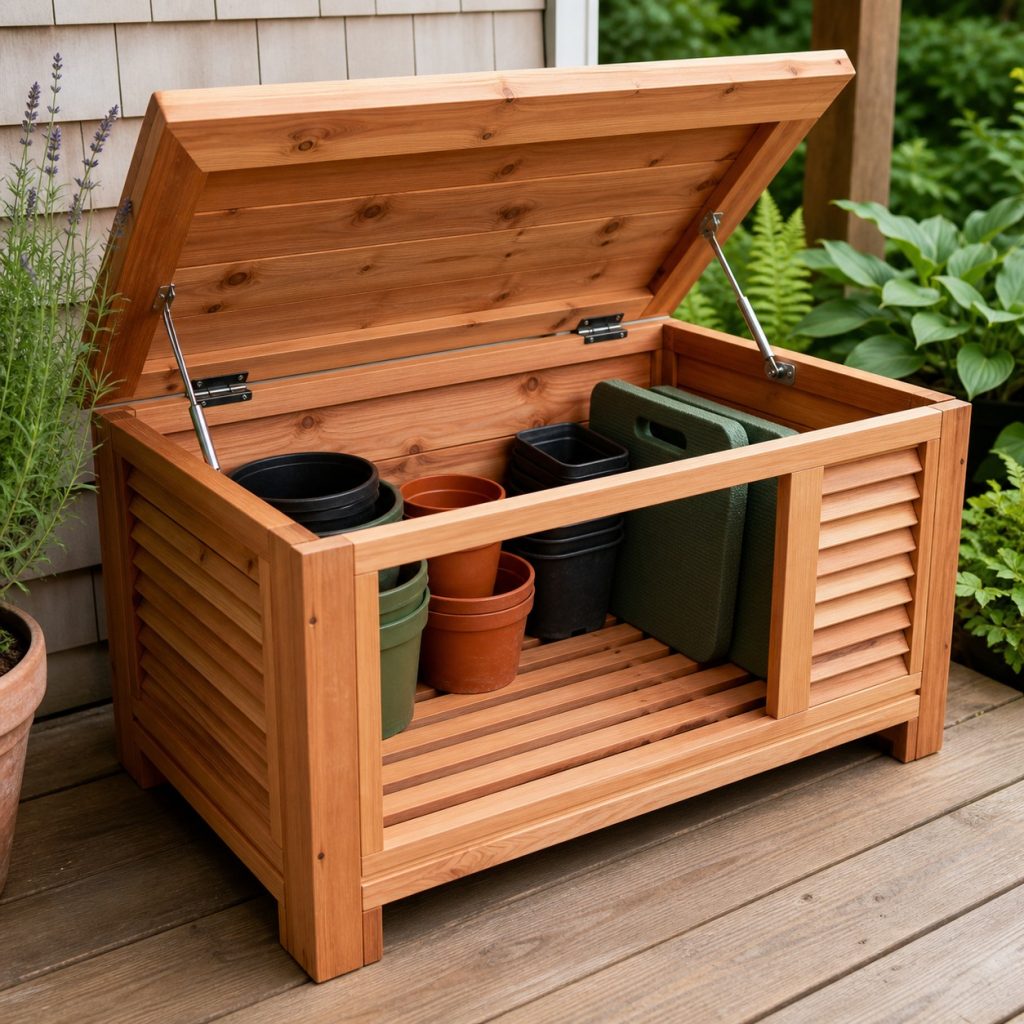 Cedar deck box with louvered vents removable floor and raised base