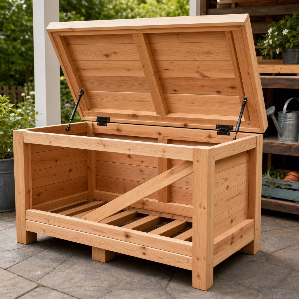 Wooden deck-box frame under assembly with posts rails floor supports and lid