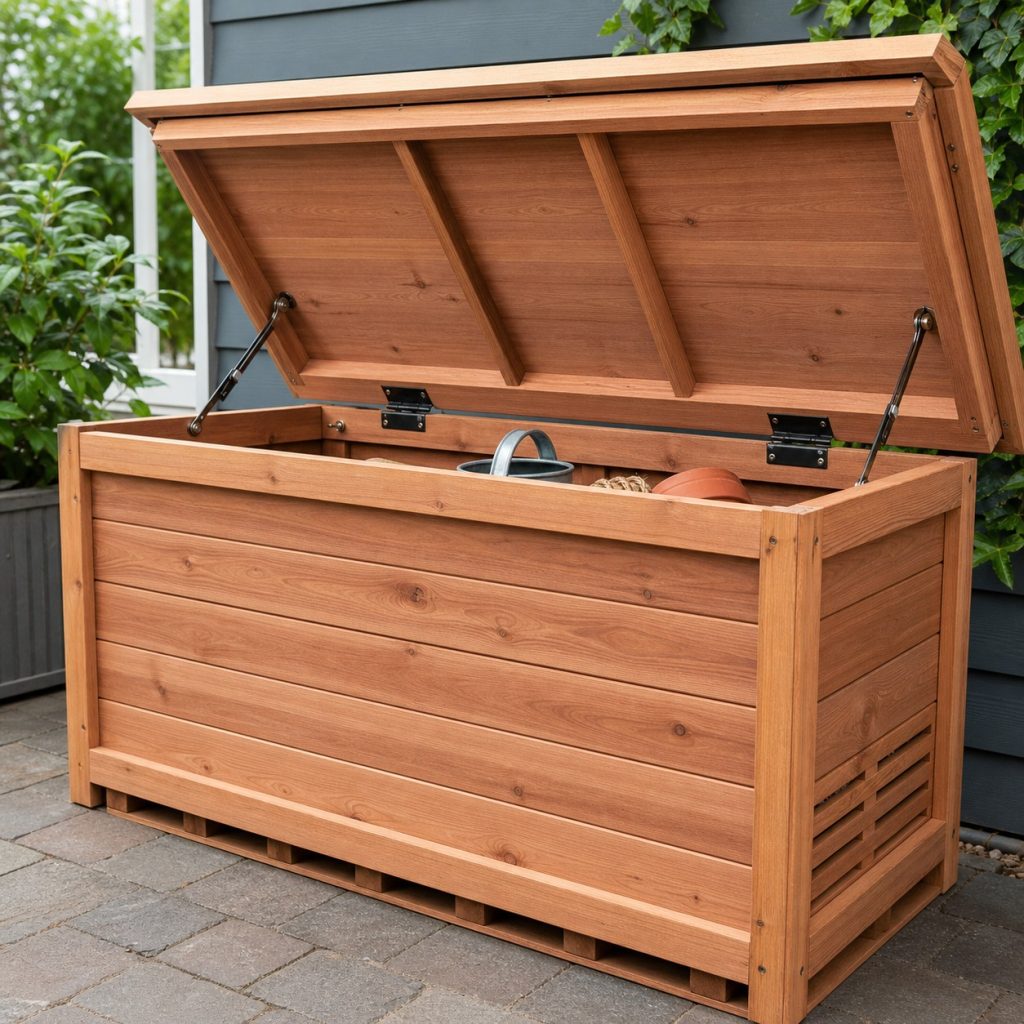 Close view of deck-box hinges paired lid stays and finger clearance